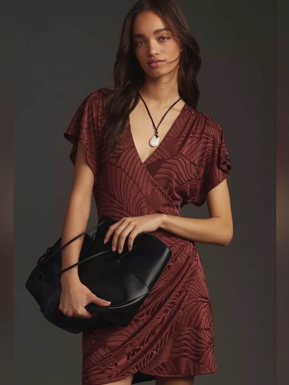 Anthropologie Maeve  V-Neck Faux Wrap Knit Mini Dress Brown S